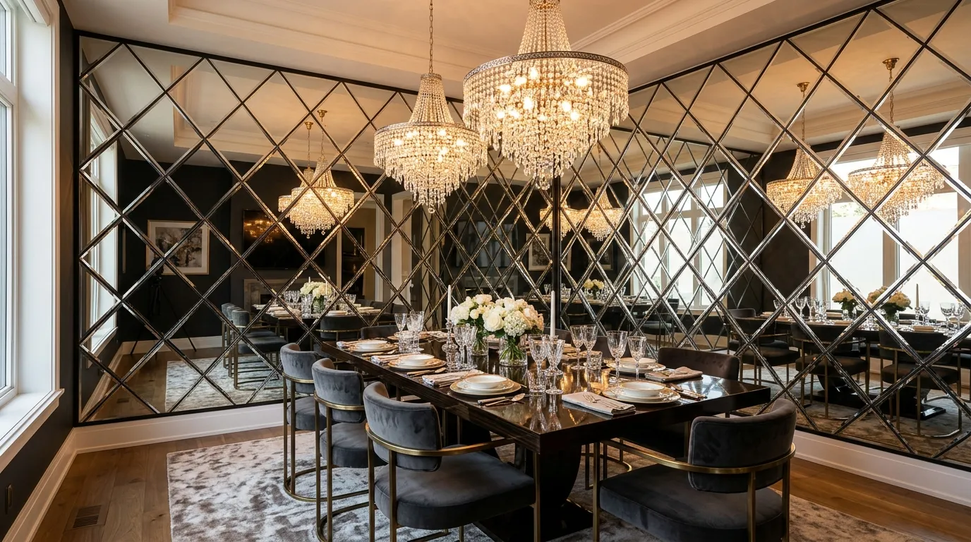dining area luxury beveled mirrors reflecting high end interior design trends in karachi