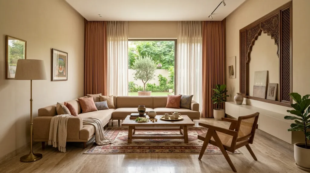 Modern Pakistani living room interior design featuring luxury furniture and warm minimalism
