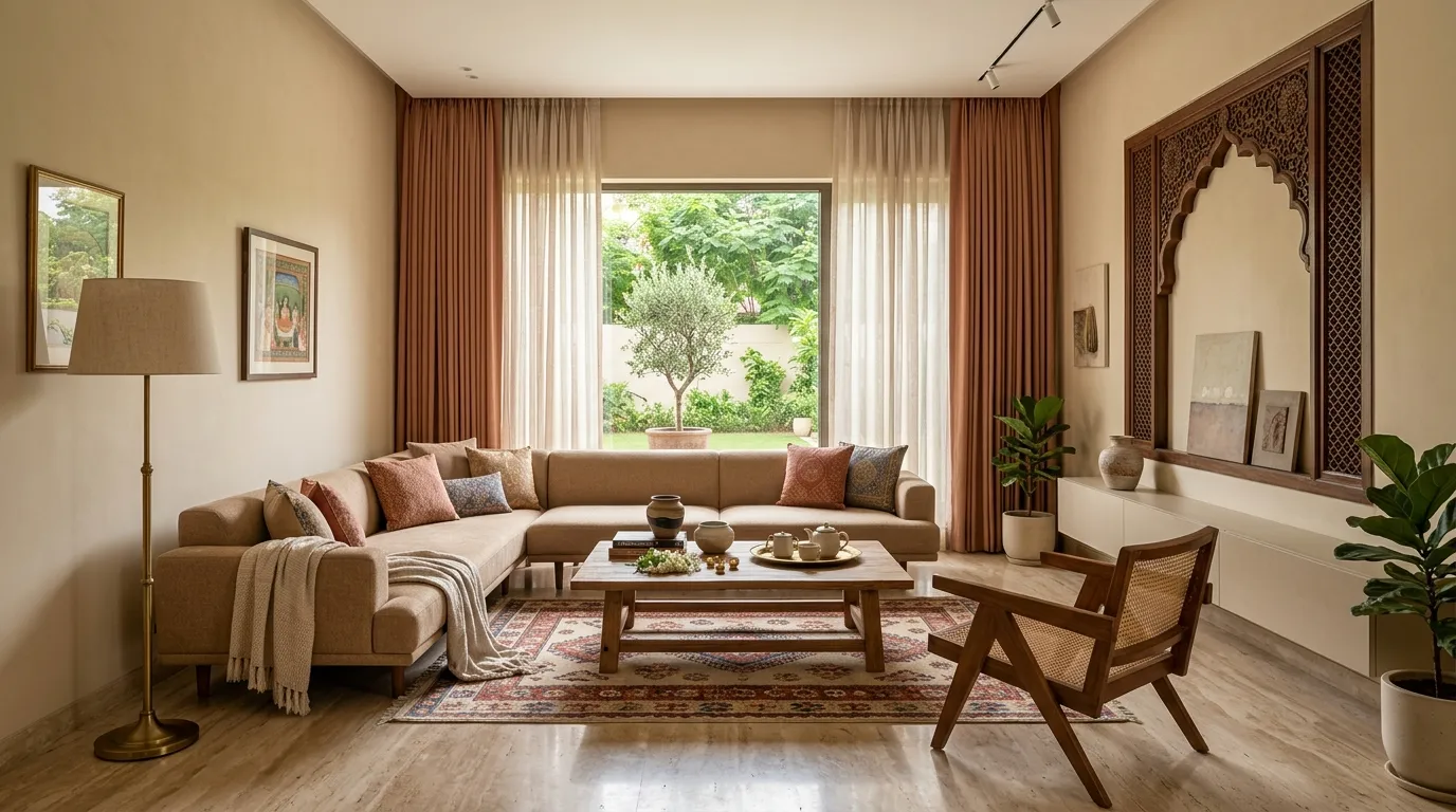Modern Pakistani living room interior design featuring luxury furniture and warm minimalism